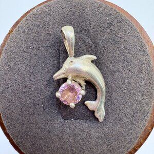 VTG Sterling Silver 925 Pink Cubic Zirconia Dolphin Pendant Size 1" Length